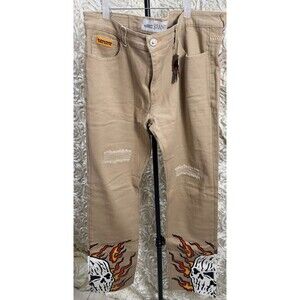 Brand X Mens 38 Beige Jeans With Skull Flame Graphics & Distressed Knees